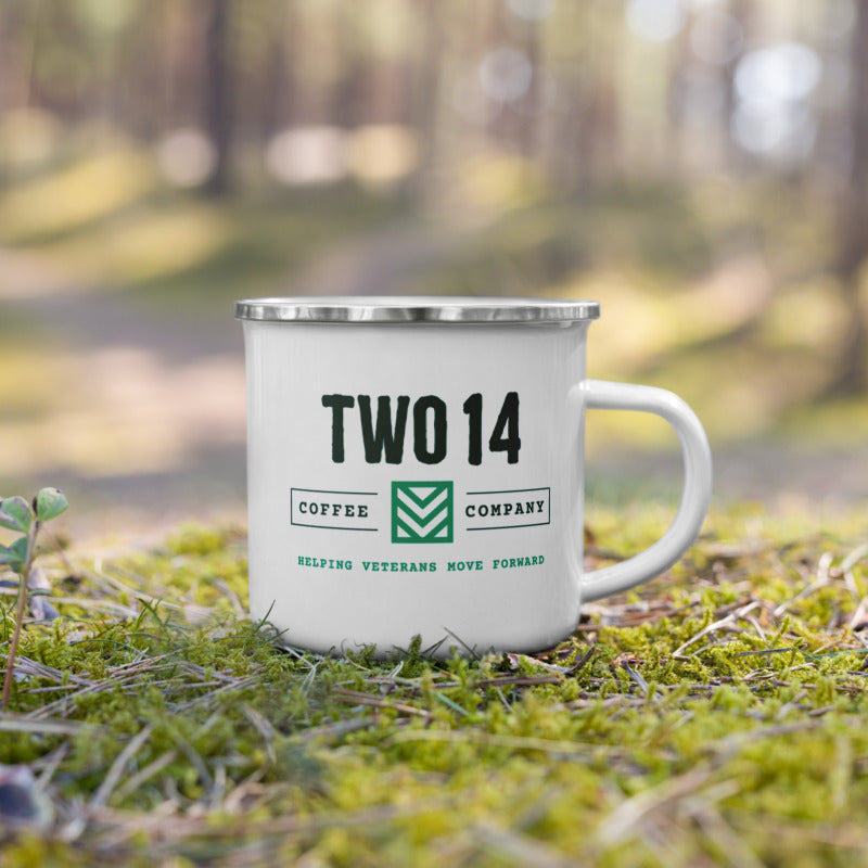 Two 14 Coffee Co Enamel Mug